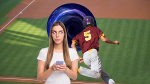 Baseball player running as annoyed girl watches along