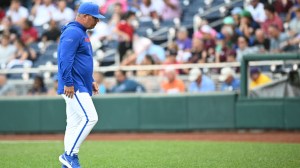 Florida baseball coach Kevin O'Sullivan walks on the field.