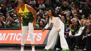 Seattle Storm head coach Noelle Quinn yells from the bench.